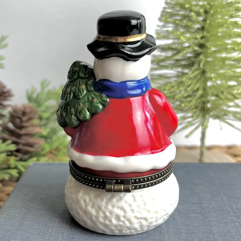 Snowman Christmas Tree Hinged Trinket Box Porcelain Handpainted 3.75